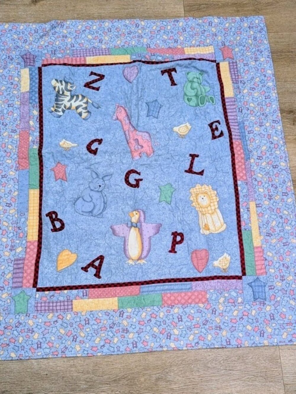 Handmade Zoo Animal Alphabet Baby Toddler Quilt Multicolor Cotton 50x40in